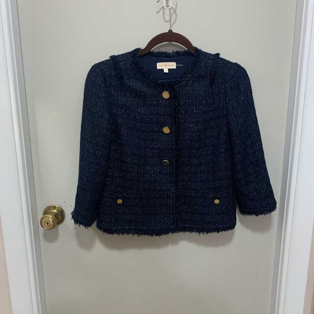 Tory Burch Navy Tweed Three Quarter Sleeve Jacket